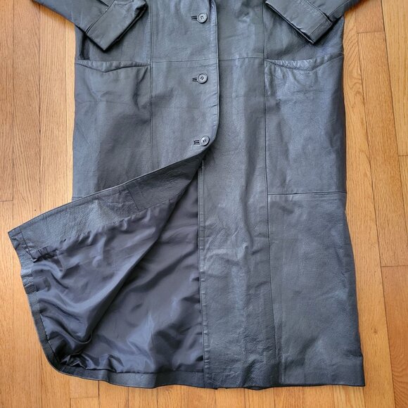 Structured Black Leather Trench Coat M Slouchy Oversized 90s Y2K Gorpcore Pocket - Picture 6 of 7
